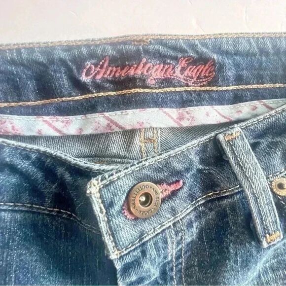 Y2K American Eagle Limited Blue Issue Cropped Jeans Women’s 2 Reg Pink Stitch - Picture 7 of 14